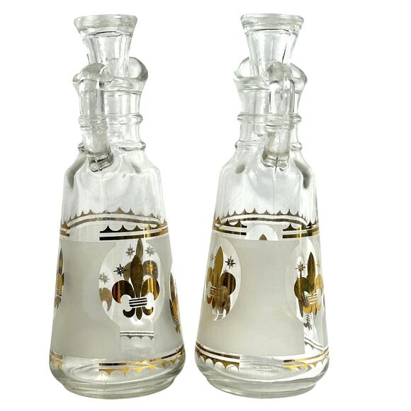 Anchor Hocking Starlyte Clear Gold Fleur de Lis Vintage Oil & Vinegar Cruet Set - Picture 2 of 7